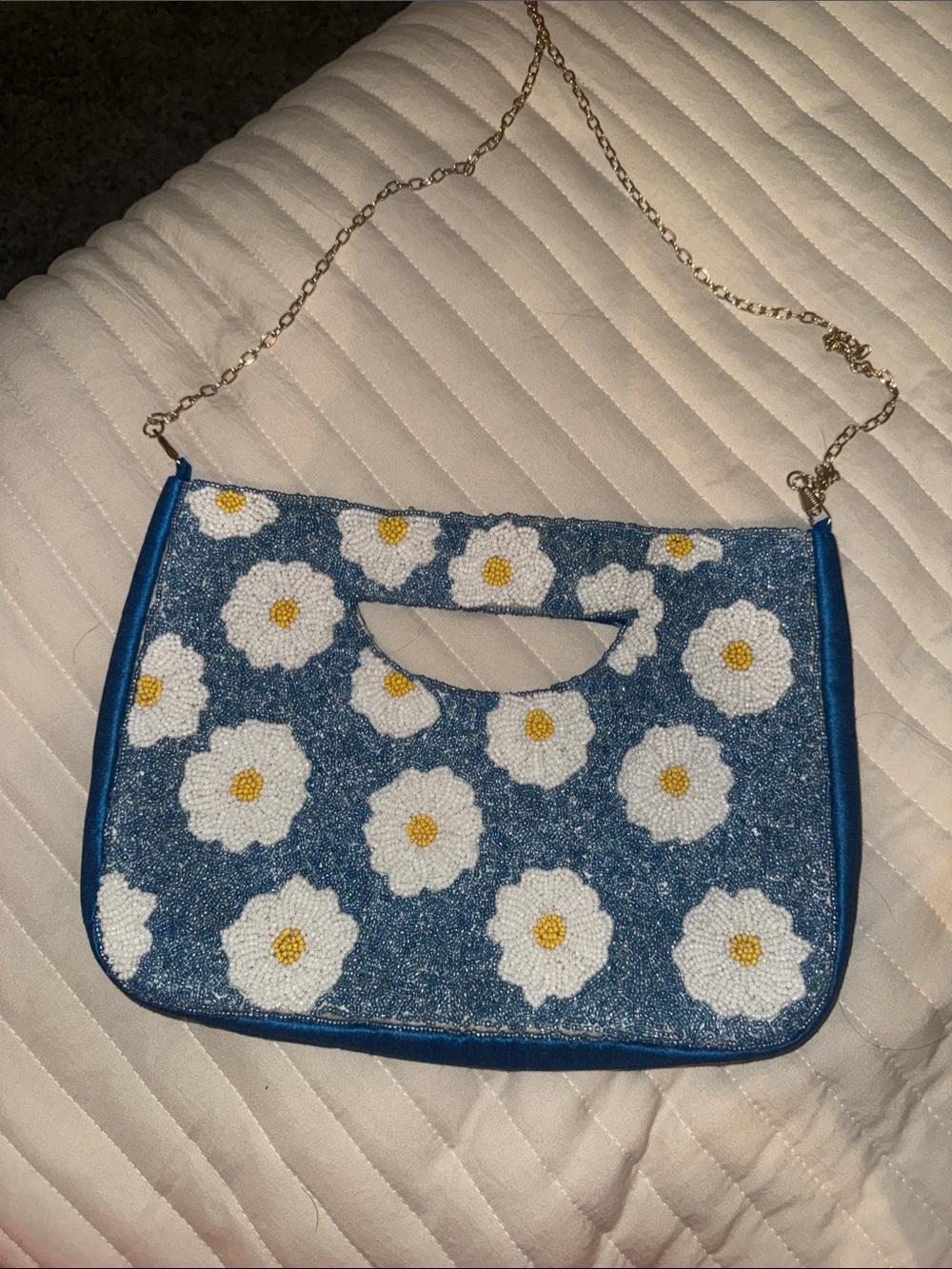 Altar'd State Blue Daisy Beaded Crossbody Bag with Gold Chain